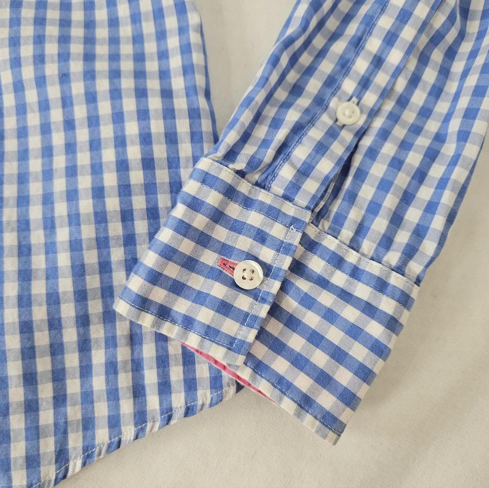 Brooks Brothers Blue Gingham Button Down Shirt Pink Contrast Trim Size 2